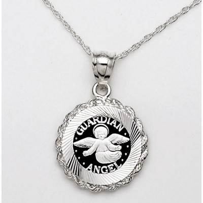 .999 PURE SILVER  Guardian Angel Coin (14mm) in S/S Diamond-Cut Rope Pendant + 18" S/S Rope Chain